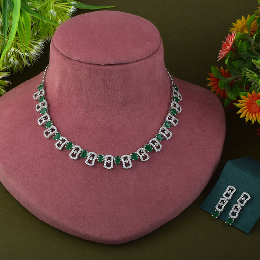 Green Color American Diamond Necklace Set Adorned With Classic Stone Design
