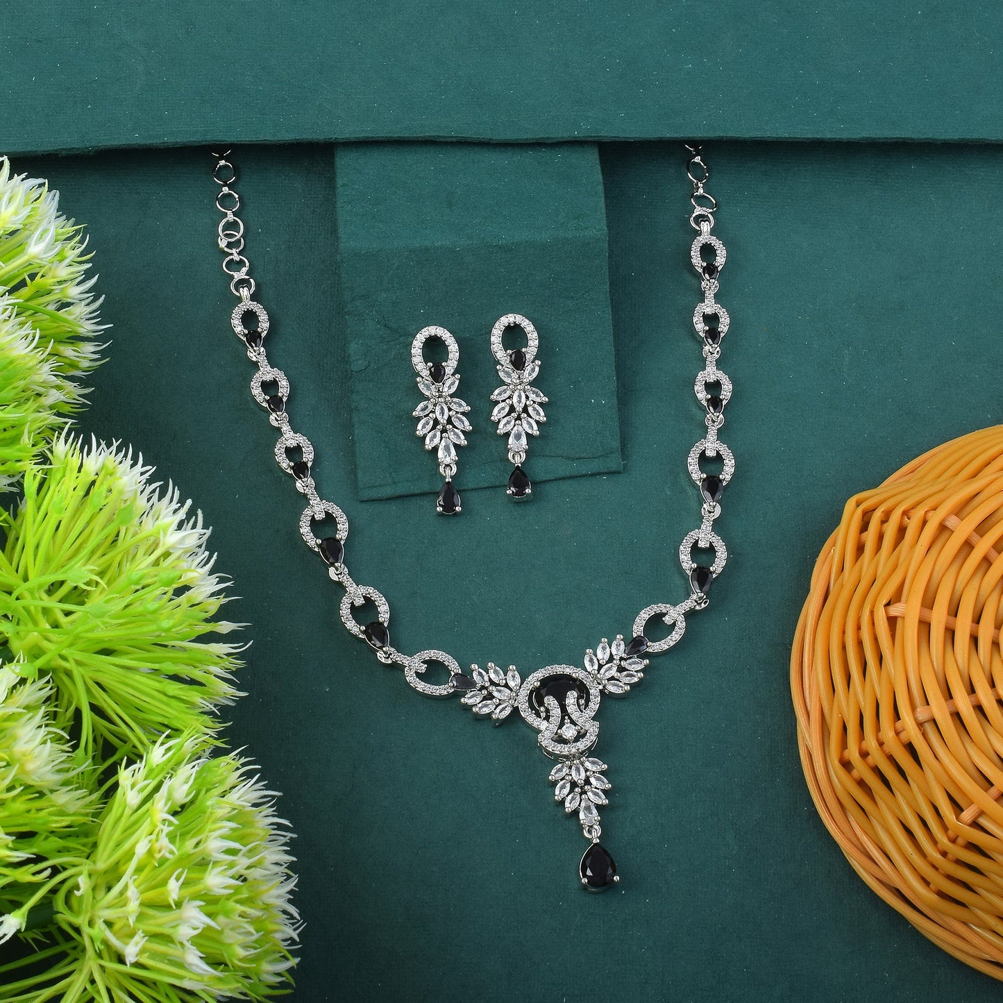 Black Color American Diamond Necklace Set With Contrast Sparkling Finish