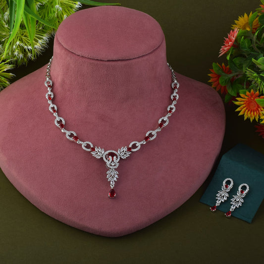 Red Color American Diamond Necklace Set With Broad Collar Style Pattern