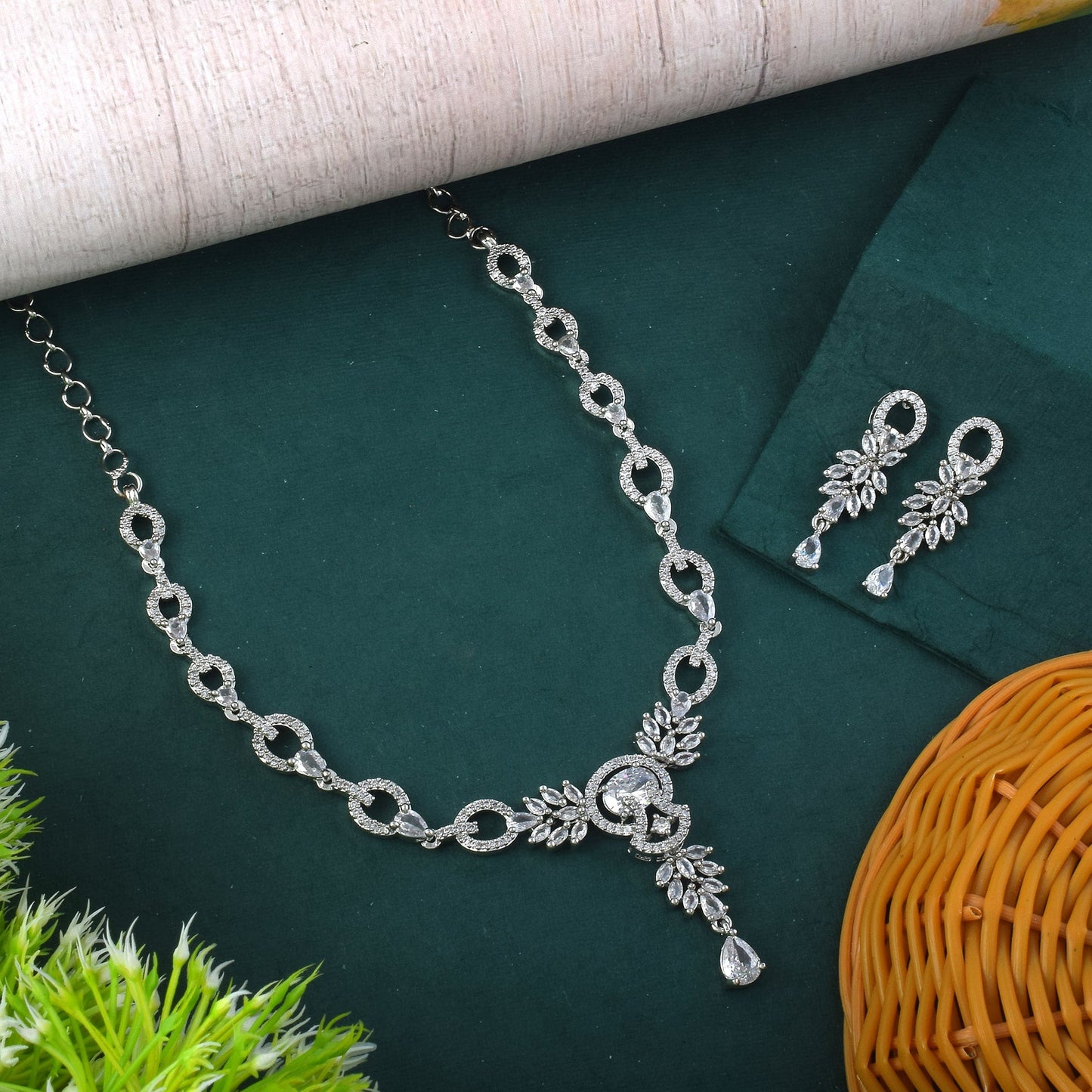 Silver Color American Diamond Necklace Set With Delicate Ethnic Touch