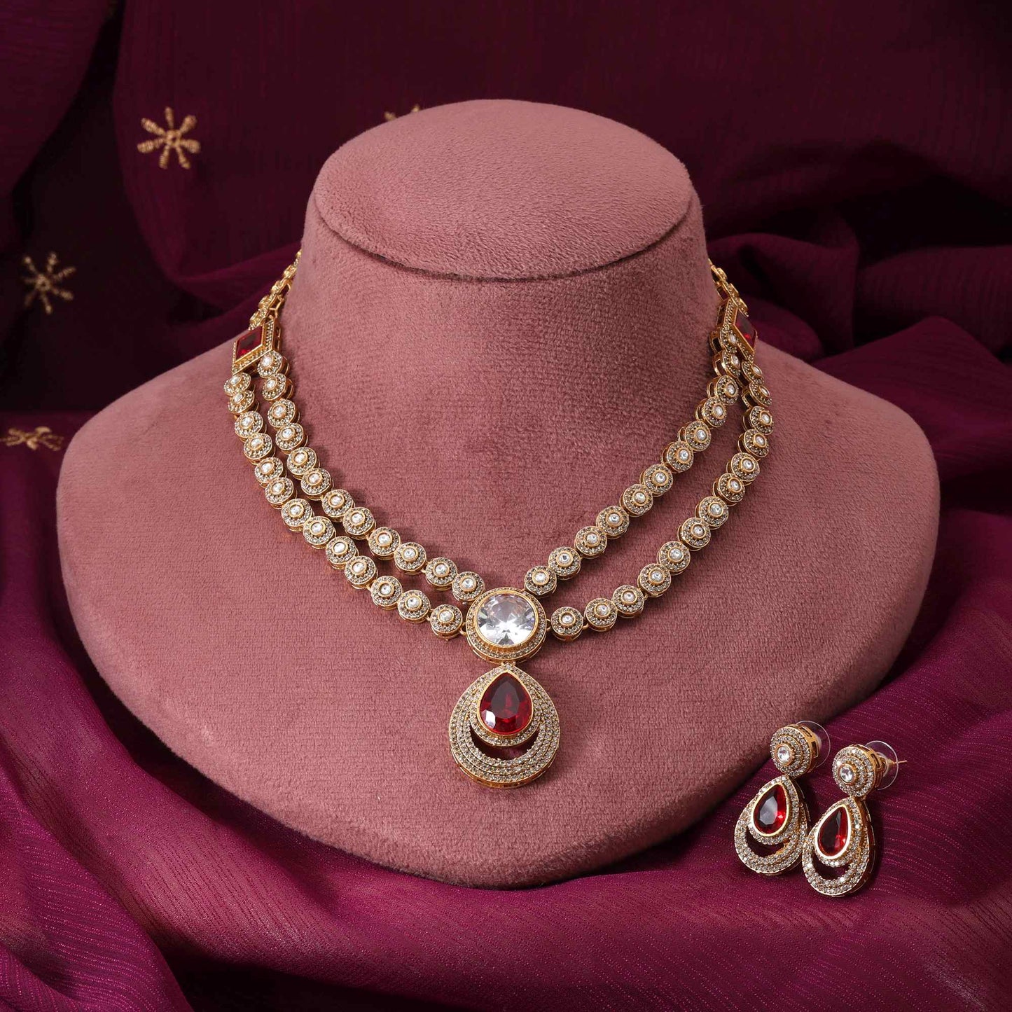 Red Color Beautiful Designer American Diamond Necklace Set For Party And Festive Look