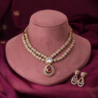 Red Color Beautiful Designer American Diamond Necklace Set For Party And Festive Look