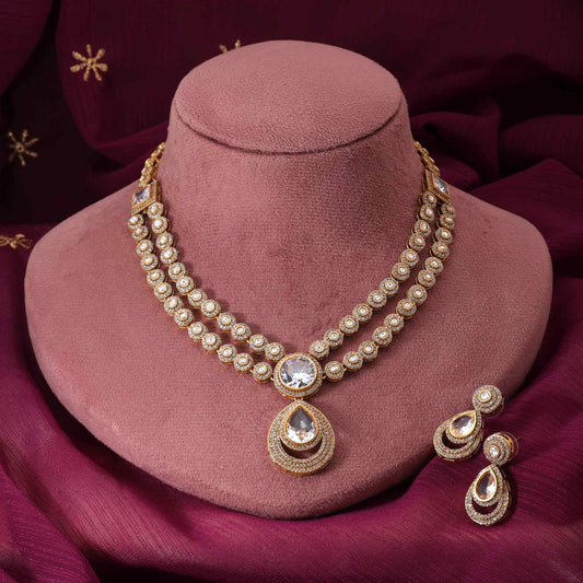 White Color Classic Sparkling American Diamond Necklace Set For Brides And Women
