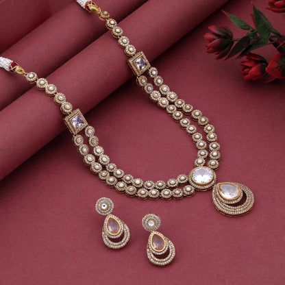 White Color Classic Sparkling American Diamond Necklace Set For Brides And Women