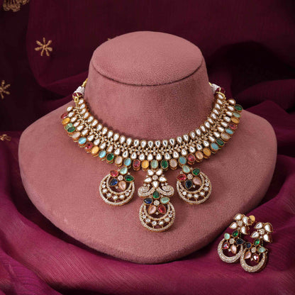Multi Color Stone Work American Diamond Necklace Set For Stylish Festive Outfits
