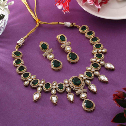 Green Color Gorgeous Antique Finish American Diamond Necklace Set For Party Wear
