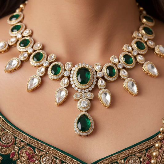 Green Color Gorgeous Antique Finish American Diamond Necklace Set For Party Wear