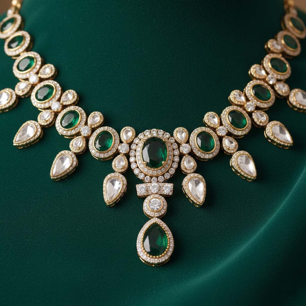 Green Color Gorgeous Antique Finish American Diamond Necklace Set For Party Wear