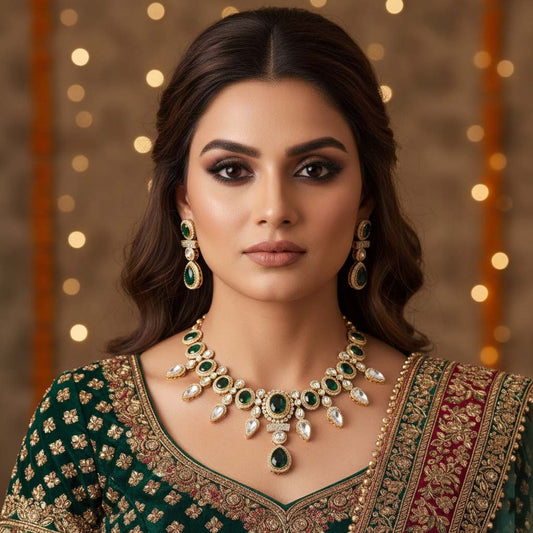 Green Color Gorgeous Antique Finish American Diamond Necklace Set For Party Wear