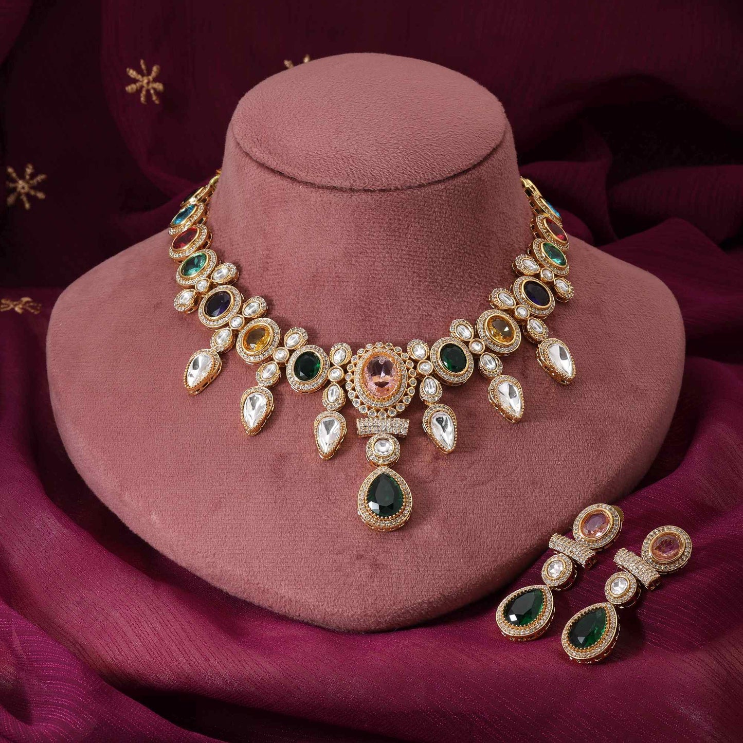 Multi Color Elegant Designer American Diamond Necklace Set For Grand Indian Functions