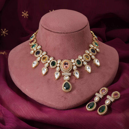 Multi Color Elegant Designer American Diamond Necklace Set For Grand Indian Functions