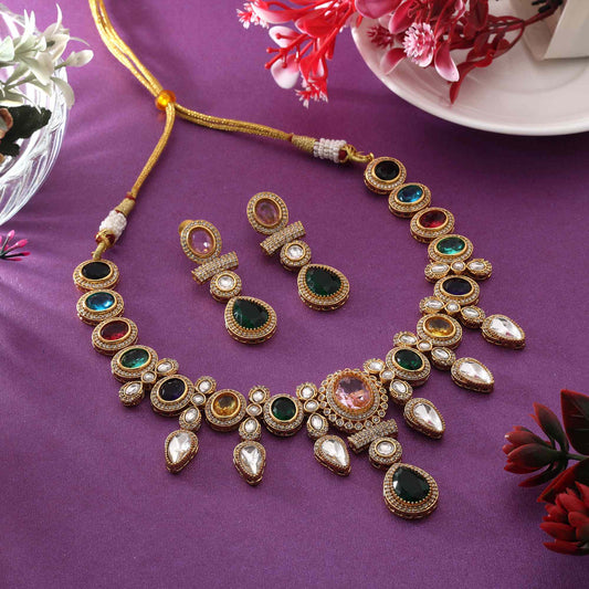 Multi Color Elegant Designer American Diamond Necklace Set For Grand Indian Functions