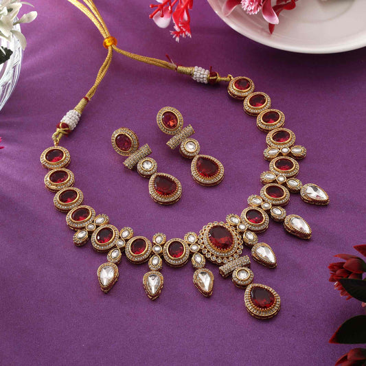 Rani Color Stunning Handcrafted American Diamond Necklace Set For Traditional Brides