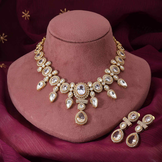 White Color Premium Bridal American Diamond Necklace Set For Wedding Celebrations