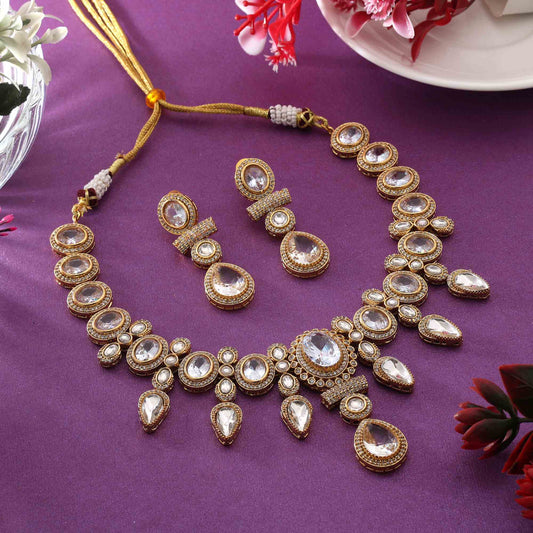 White Color Premium Bridal American Diamond Necklace Set For Wedding Celebrations