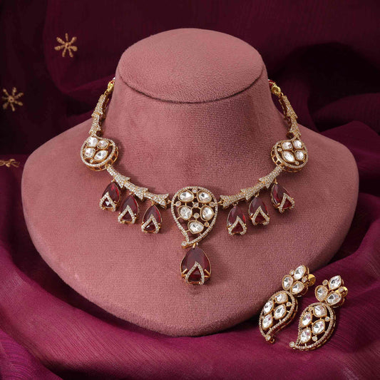 Rani Color Beautiful Party Wear American Diamond Necklace Set For Wedding Functions