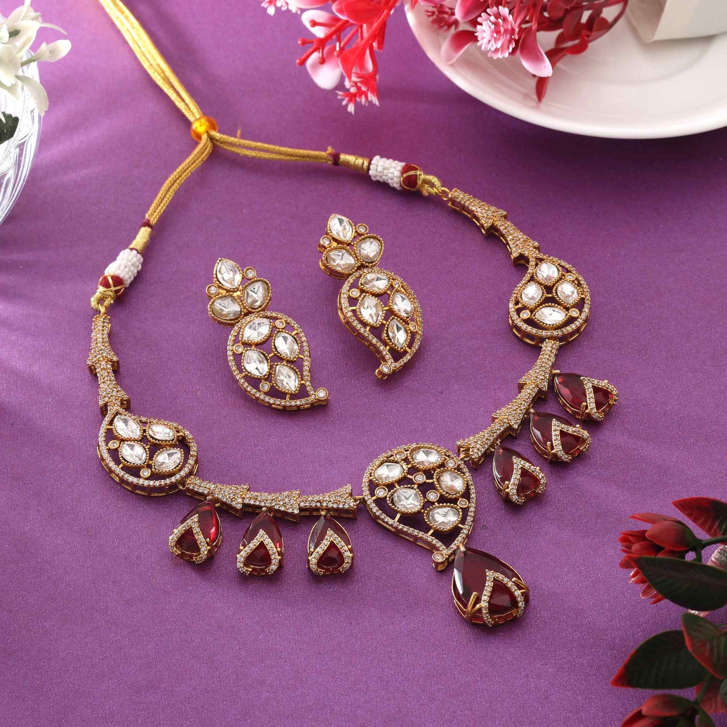 Rani Color Beautiful Party Wear American Diamond Necklace Set For Wedding Functions