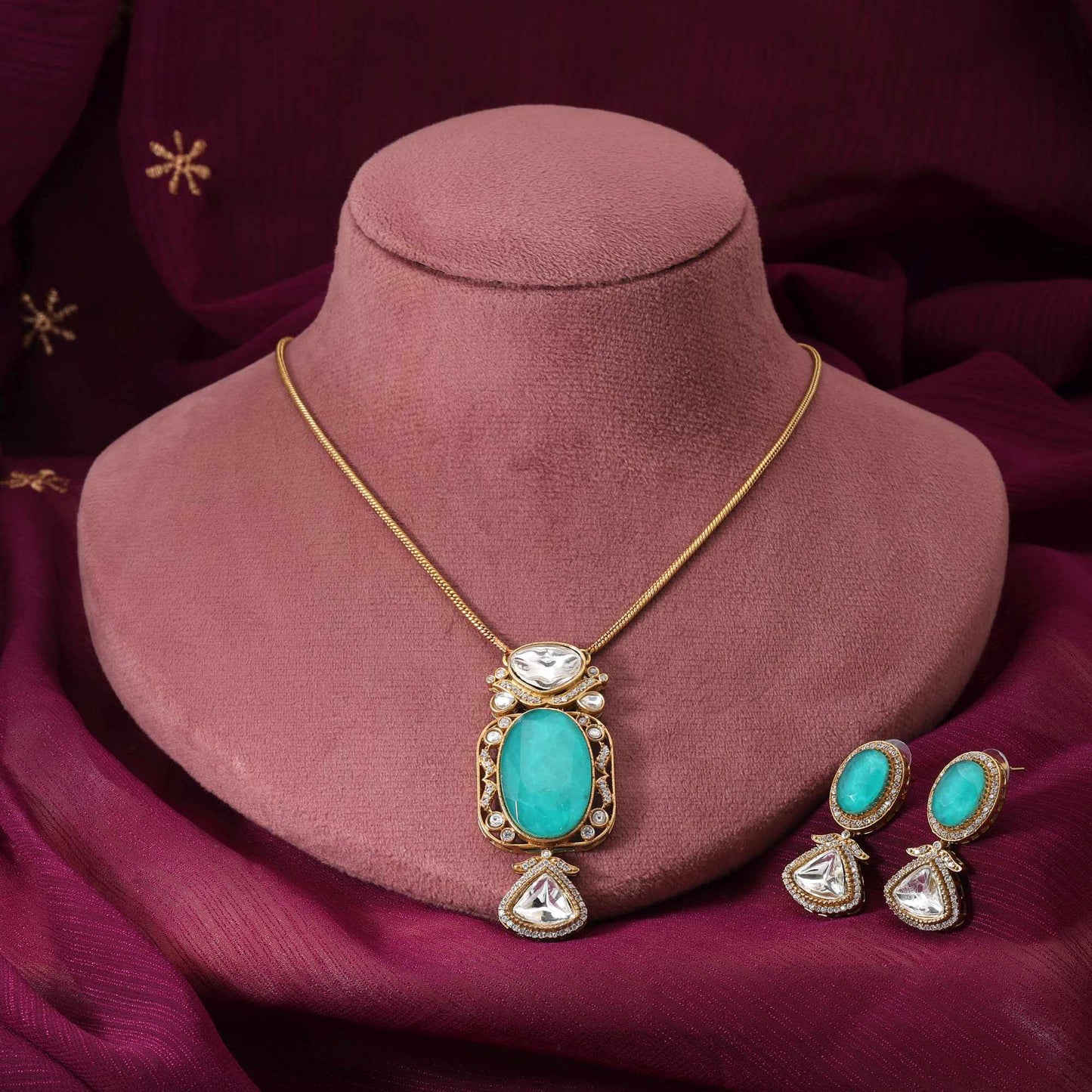 Light Green Color Classic Designer American Diamond Necklace Set For Festive Occasions