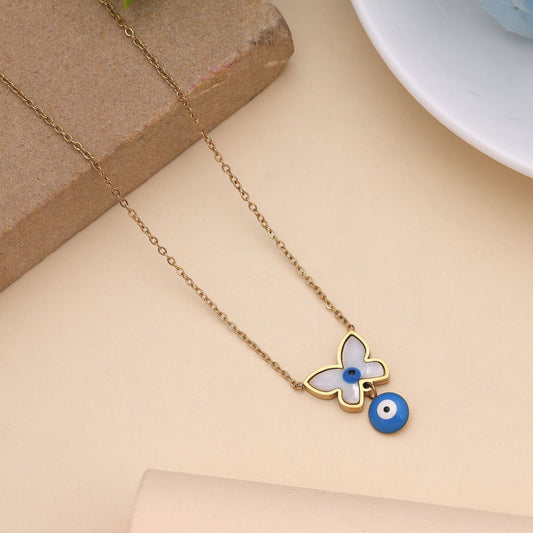 Blue Color Evil Eye Stainless Steel Anti Tarnish Necklace Designed For Protection And Style