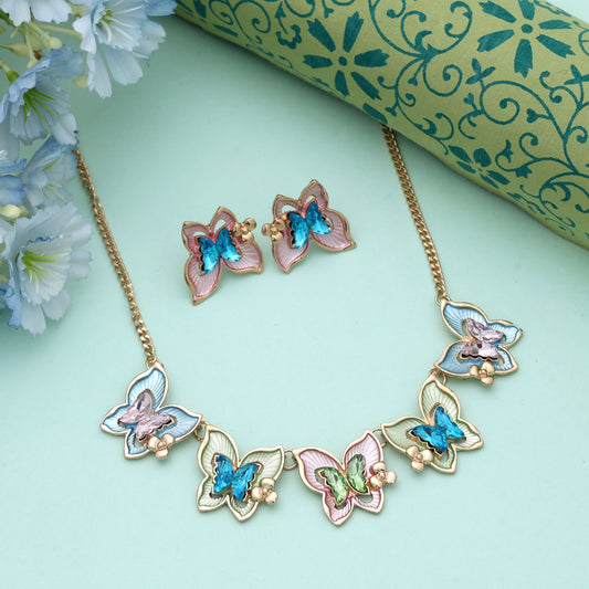 Multi Color Butterfly Design Anti Tarnish Necklace Set With Vibrant Festive Fashion Style