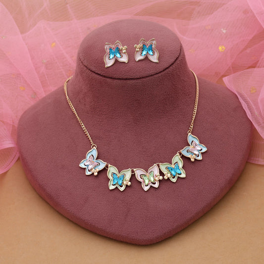 Multi Color Butterfly Design Anti Tarnish Necklace Set With Vibrant Festive Fashion Style