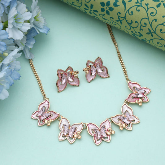 Pinkfarbene Schmetterlings-Halsketten-Set mit Anlaufschutz und feminin-stilvollem Mode-Appeal