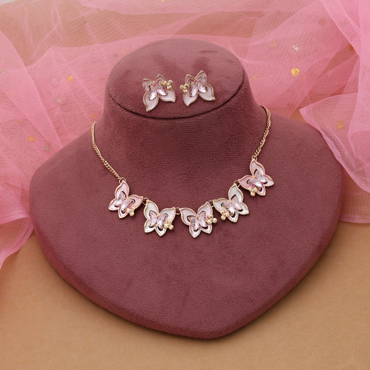 Pinkfarbene Schmetterlings-Halsketten-Set mit Anlaufschutz und feminin-stilvollem Mode-Appeal