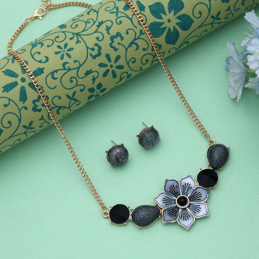 Schwarzfarbiges Blüten-Design Anlaufgeschütztes Halsketten-Set mit stilvollem, modernem Blumendetail