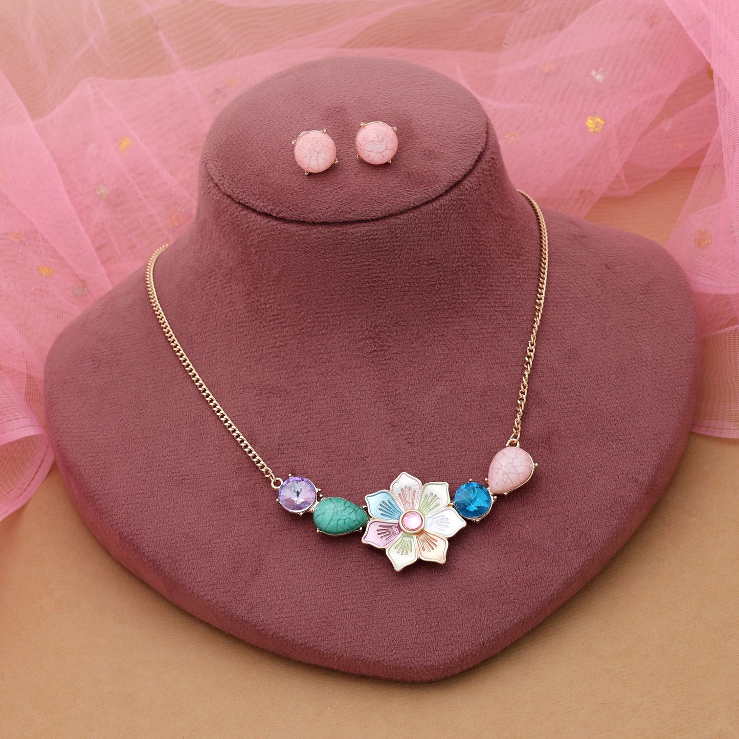Mehrfarbiges Blumen-Design Anlaufschutz-Halskettenset mit lebendigem, ethnischem, künstlerischem Look