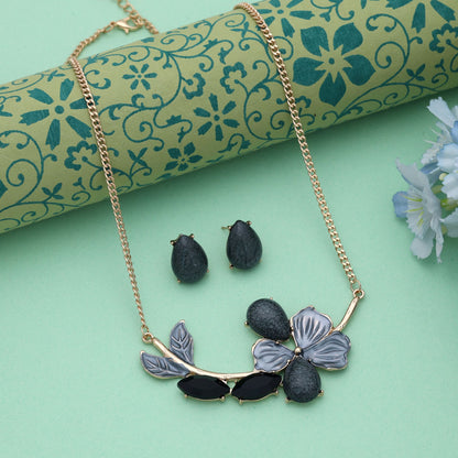Black Color Flower Design Anti Tarnish Necklace Set With Contemporary Floral Statement