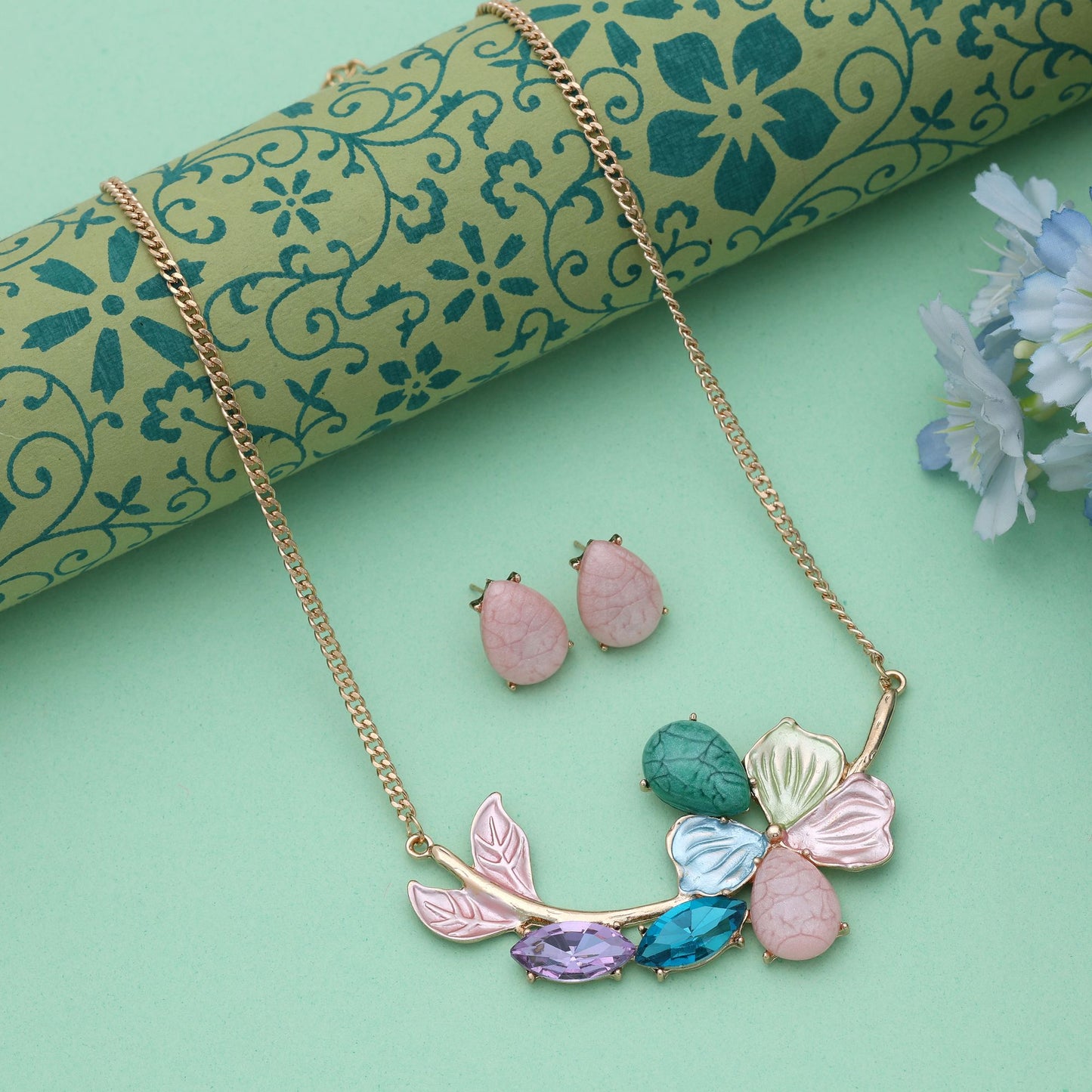 Mehrfarbiges Blumen-Design, anlaufbeständiges Halsketten-Set mit künstlerisch-kulturellem Blumen-Finish