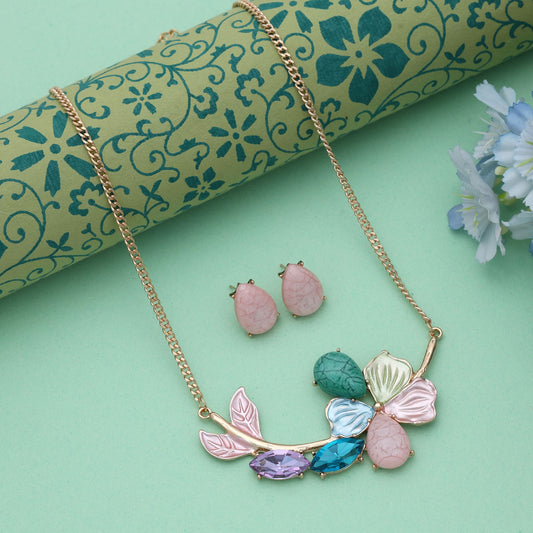 Multi Color Flower Design Anti Tarnish Necklace Set With Artistic Cultural Floral Finish