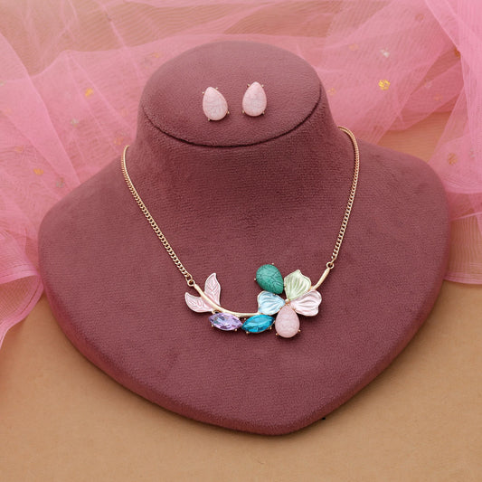 Multi Color Flower Design Anti Tarnish Necklace Set With Artistic Cultural Floral Finish