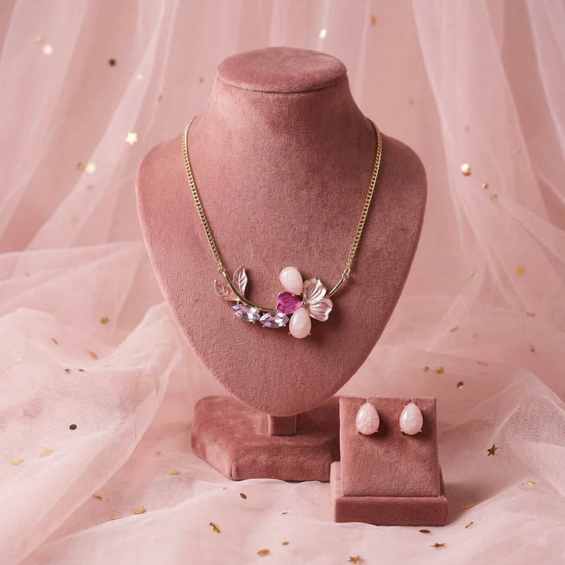 Rosa Blumen-Design Anlaufschutz-Halskettenset mit femininer Blumen-Optik