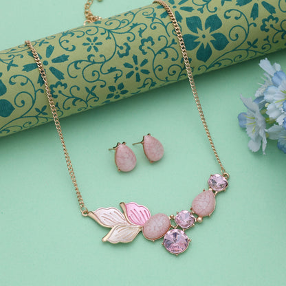 Pink Color Anti Tarnish Necklace Set With Soft Feminine Fashion Statement Look
