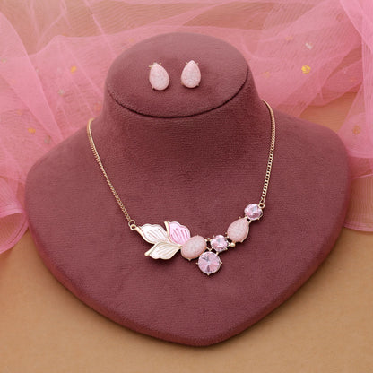 Pink Color Anti Tarnish Necklace Set With Soft Feminine Fashion Statement Look