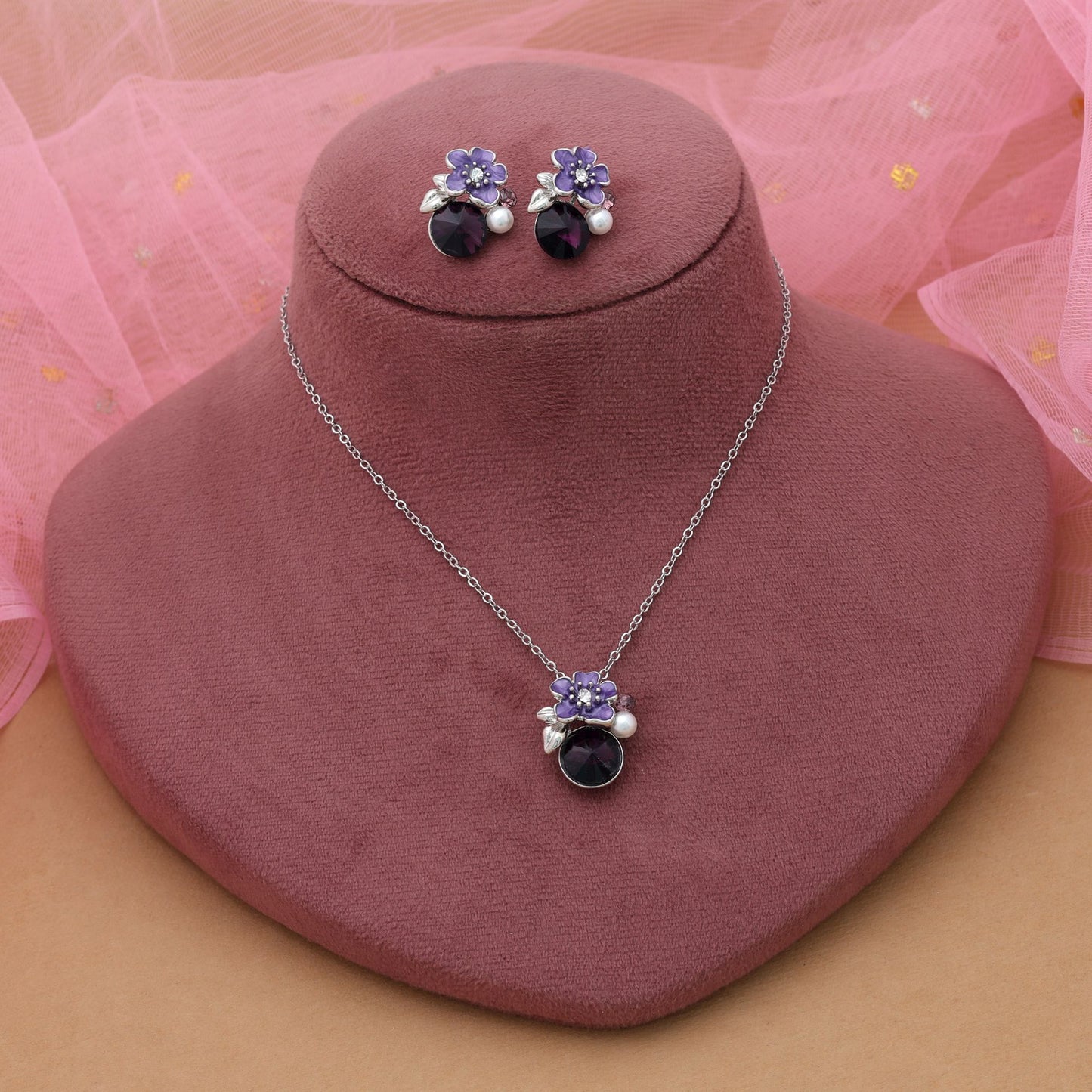 Purple Color Anti Tarnish Necklace Set With Elegant Royal Inspired Finish