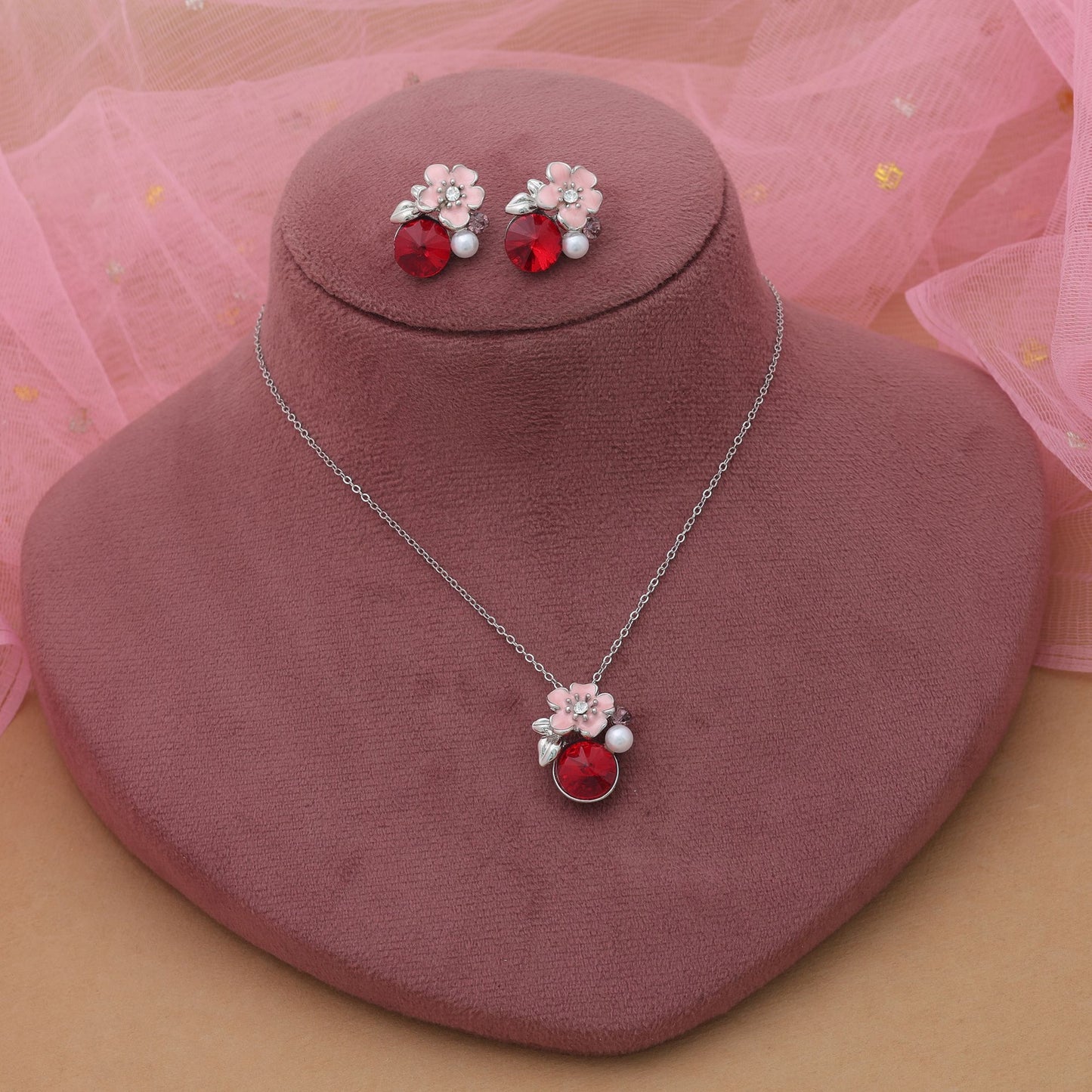 Red Color Anti Tarnish Necklace Set With Bold Festive Traditional Styling