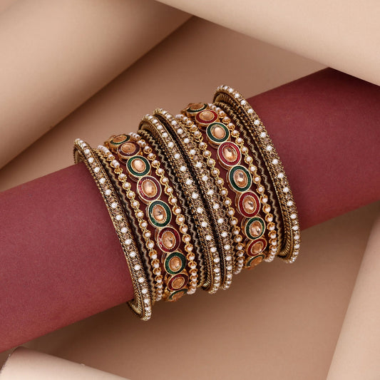 Graceful Gold Color Meena Work 6 Set Of Bangles Combo For Bridal Look