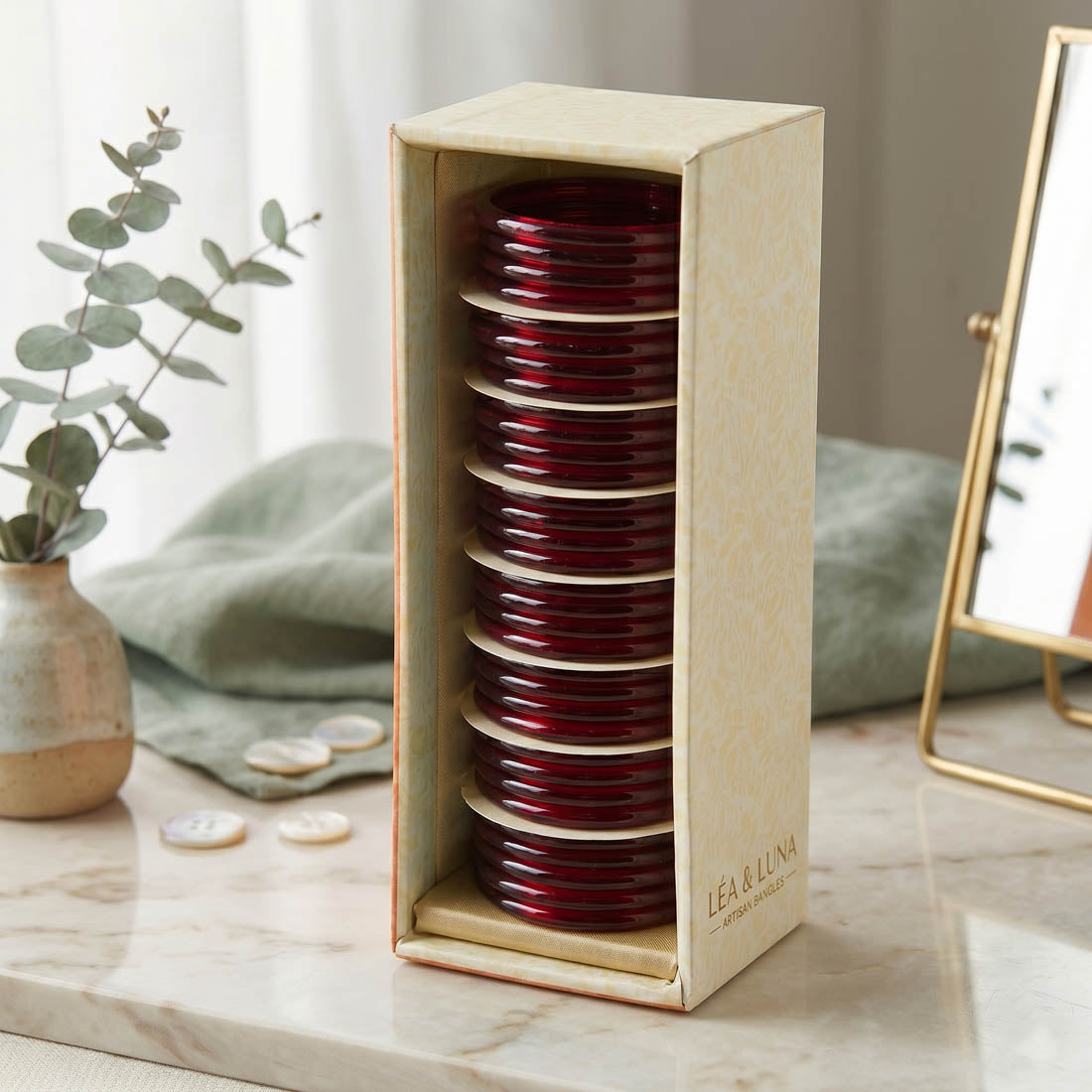 Strawberry Color 8 Set Of Glass Bangle Mix Size (2.2, 2.4, 2.6, 2.8, 2.10) (FNFB178CMB)