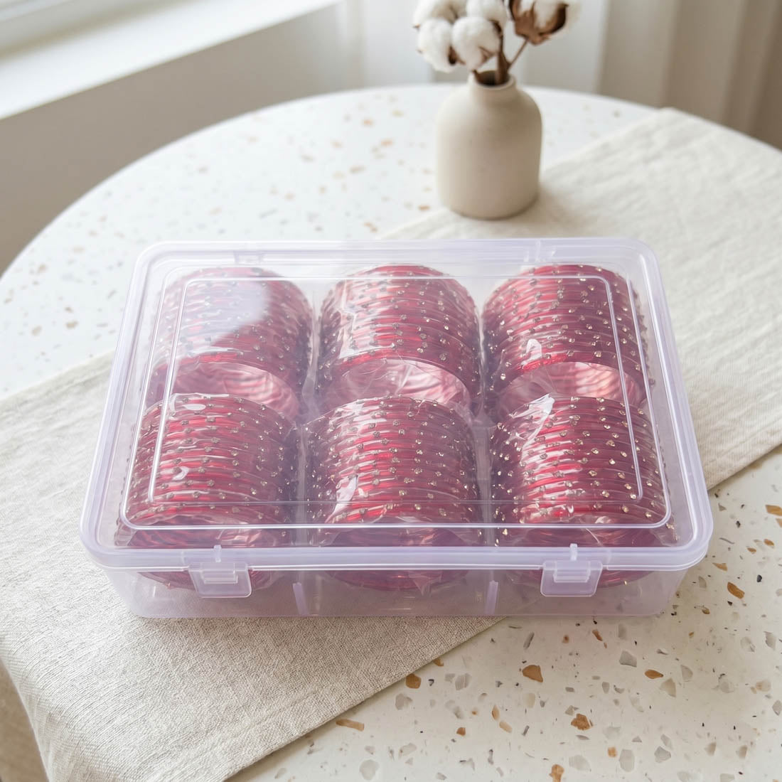 Red Color 6 Set Of Glass Bangle 12 Pieces Churi  Size: 2.4, 2.6, 2.8, 2.10 (FNFB195CMB)