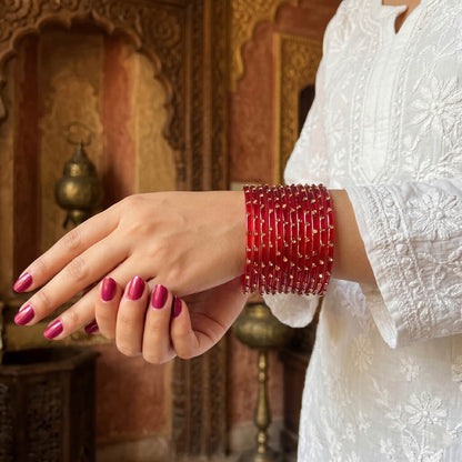 Red Color 6 Set Of Glass Bangle 12 Pieces Churi  Size: 2.4, 2.6, 2.8, 2.10 (FNFB195CMB)