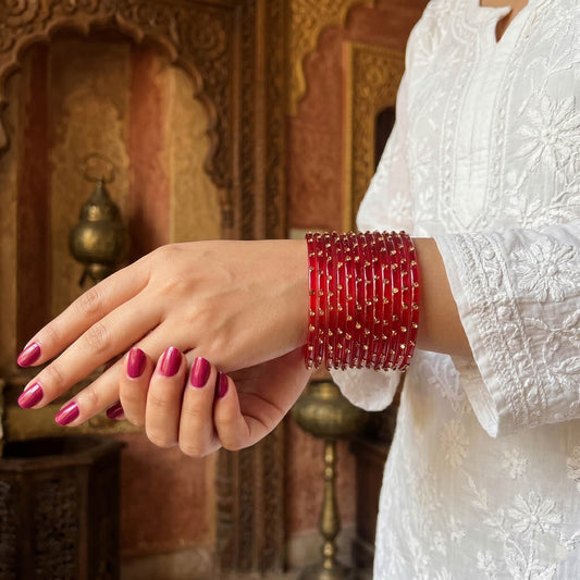 Red Color 6 Set Of Glass Bangle 12 Pieces Churi  Size: 2.4, 2.6, 2.8, 2.10 (FNFB195CMB)
