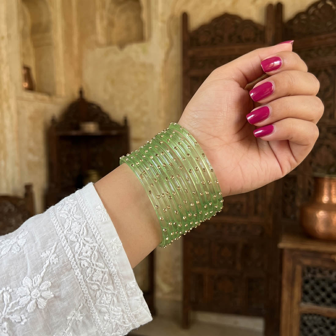 Pista Green Color 6 Set Of Glass Bangle Size: 2.4, 2.6, 2.8, 2.10 (FNFB198CMB)