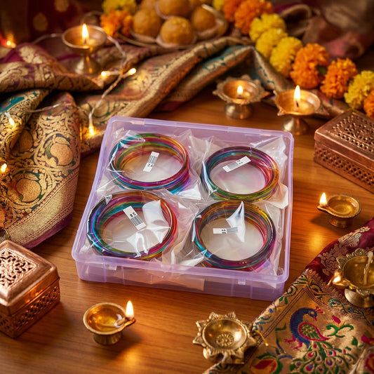 Assorted Color 4 Set Of Glass Bangles 8 Pieces Churi Combo Size(1 Set Of 2.4, 2 Set Of 2.6, 1 Set Of 2.8) (FNFB204CMB)