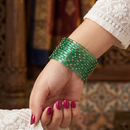 Rama Green & Light Purple Color 6 Set Of Glass Bangle Mix Size (2.4, 2.6, 2.8) (FNFB223CMB)