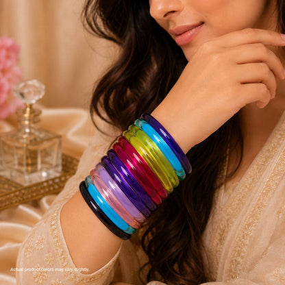 Assorted Color 28 Pieces Of Jelly Glass Bangle Featuring Beautiful Festive Ethnic Design