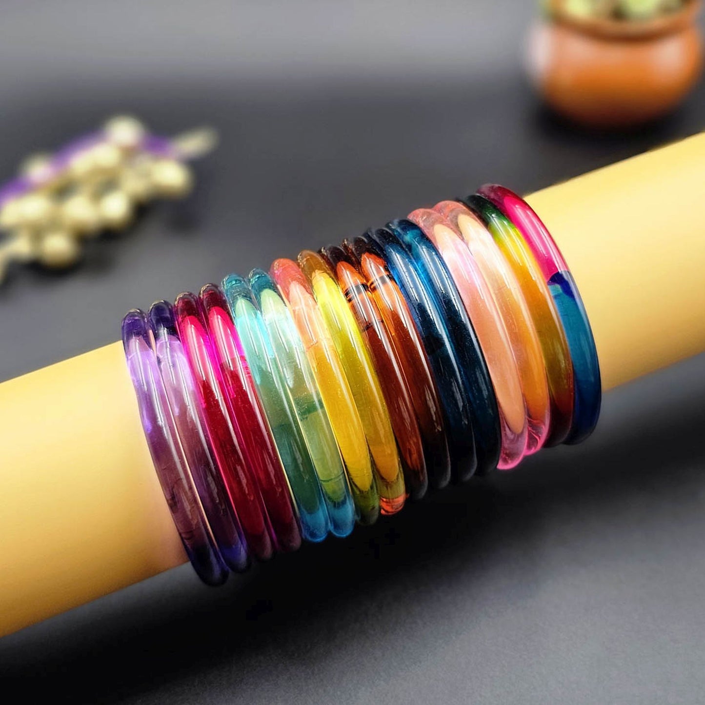 Assorted Color 28 Pieces Of Jelly Glass Bangles Crafted for Stylish Everyday Traditional Wear