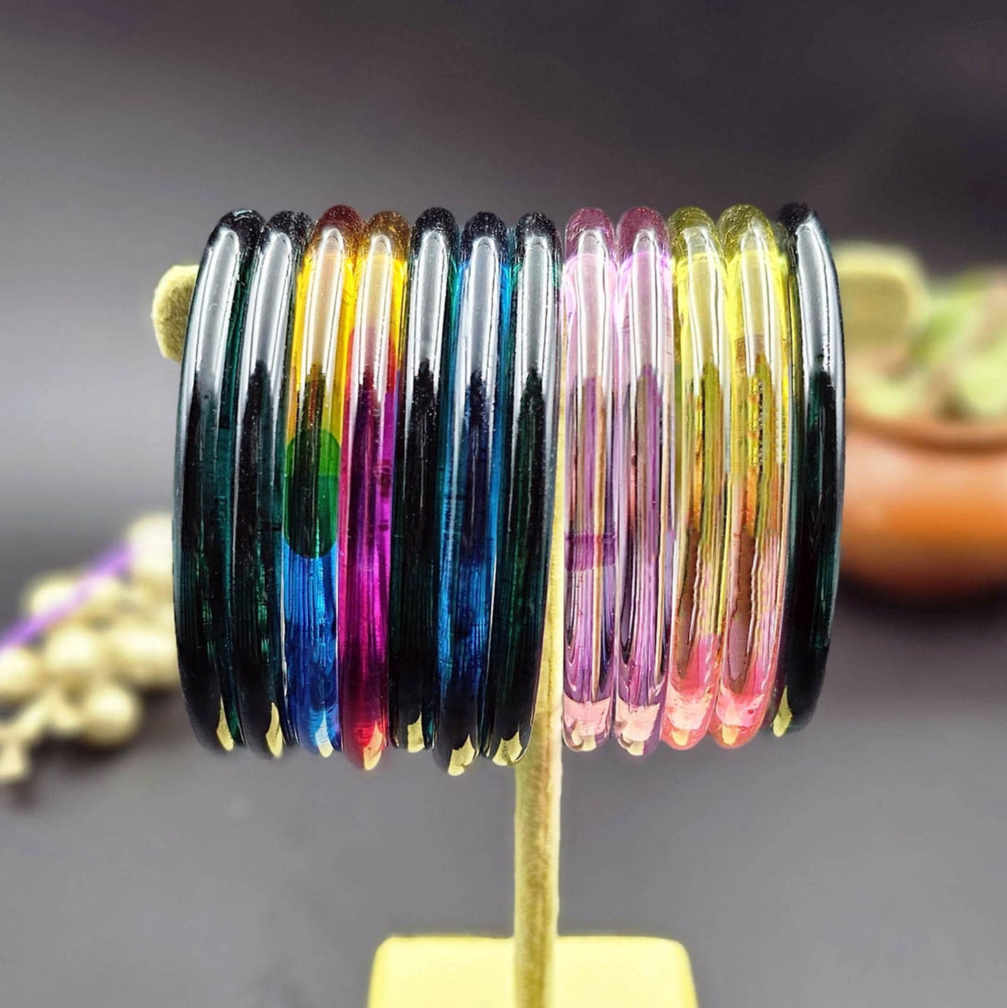 Assorted Color 28 Pieces Of Jelly Glass Bangles Featuring Graceful Handmade Fashion Finish