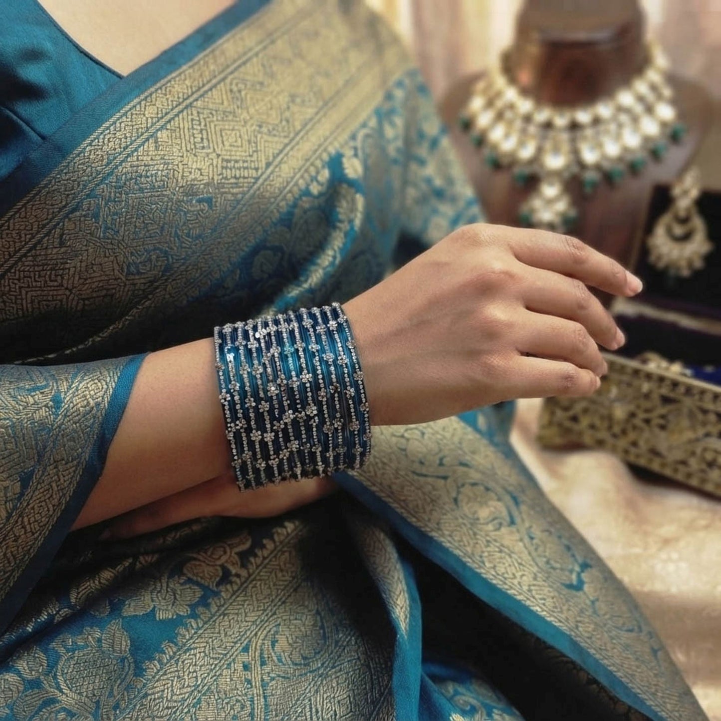 Turquoise Color 6 Set Of Glass Bangles Featuring Premium Festive Fashion Appeal